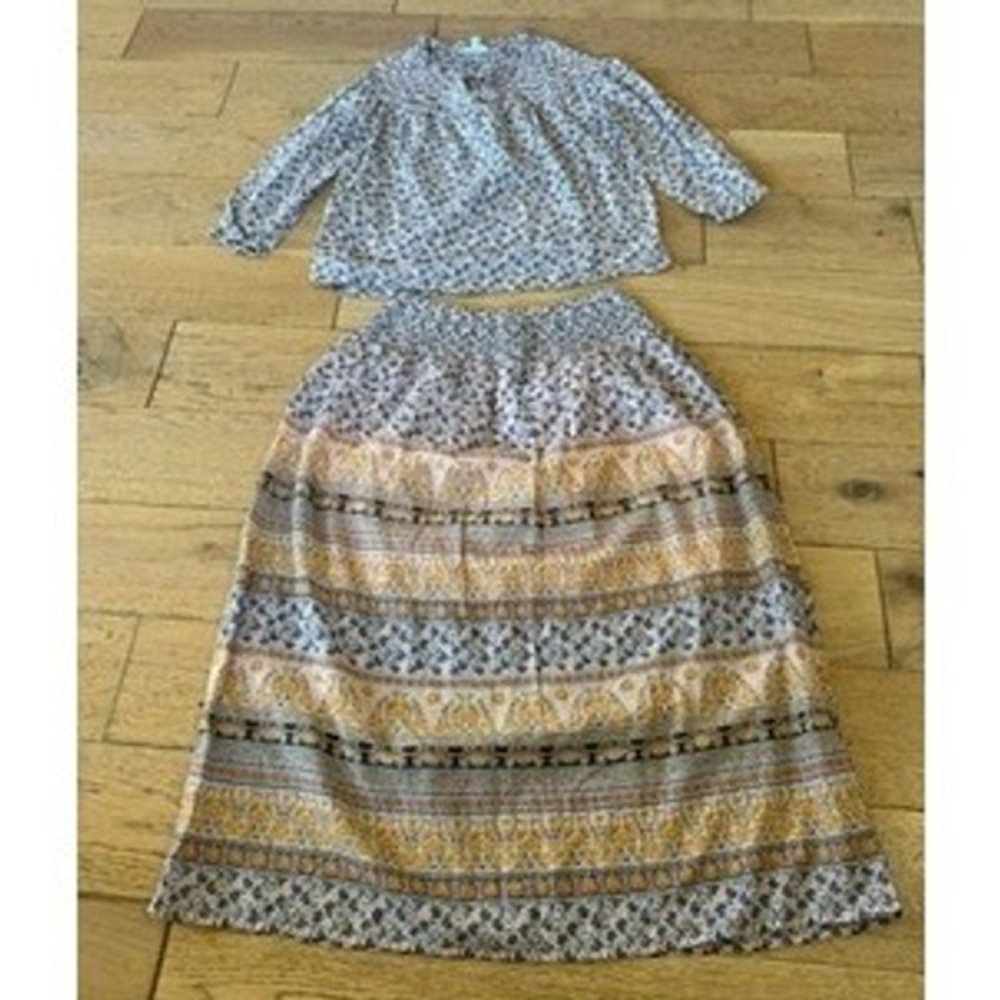 J. Jill Corfu Smocked Peasant Top & Skirt Set Pink‎ Floral Boho (1725)